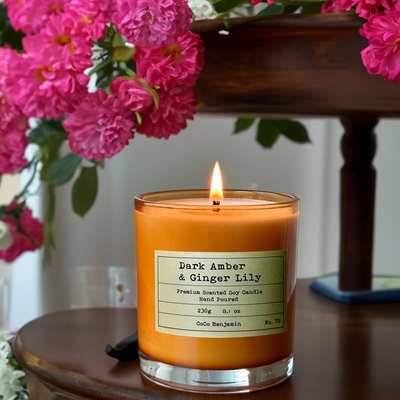 CoCo Benjamin 100% Soy, Highly Scented, Hand Poured Soy Candle (Dark Amber & Ginger Lily) - Image 2